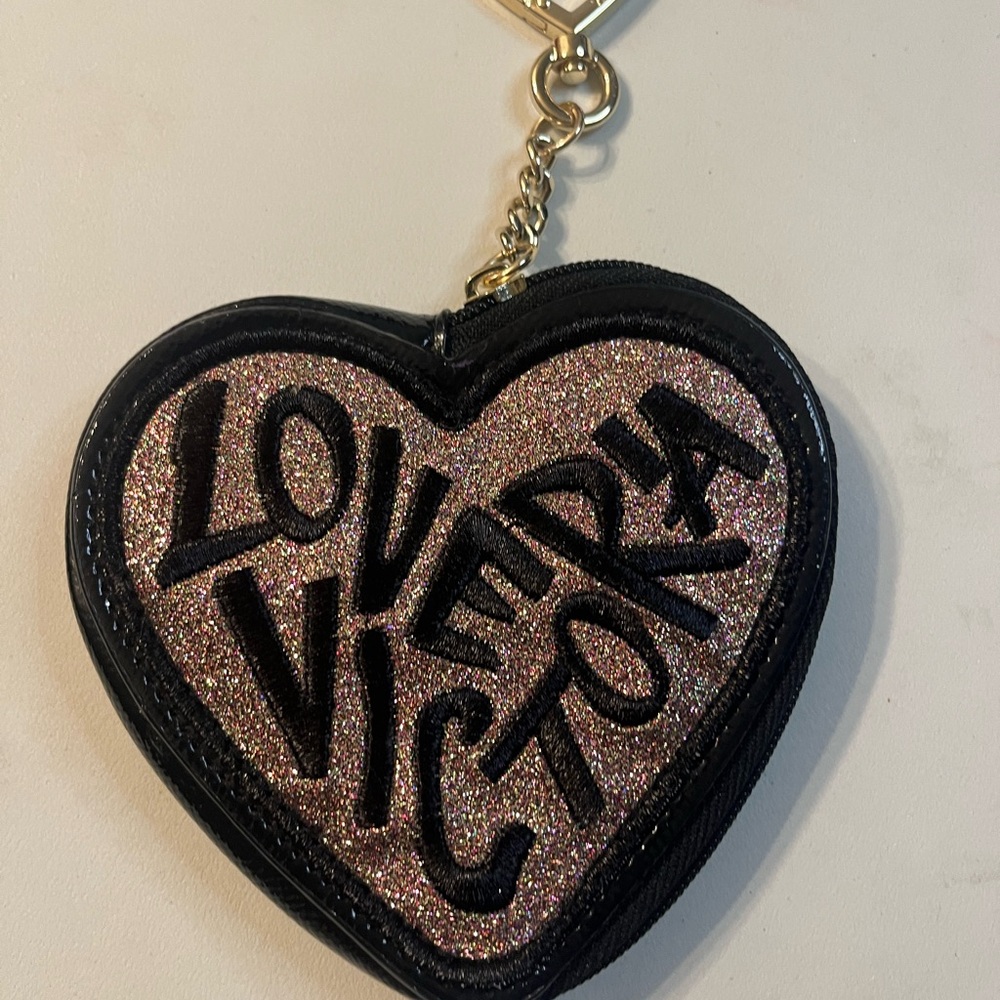 Victoria's Secret Heart Coin Pouch Keychain - Pink Glitter/Black